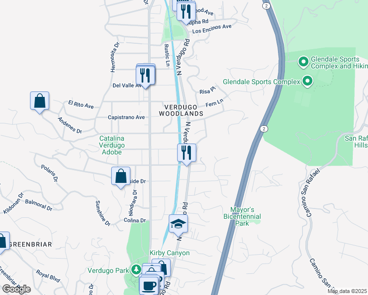 map of restaurants, bars, coffee shops, grocery stores, and more near 2203 North Verdugo Road in Glendale