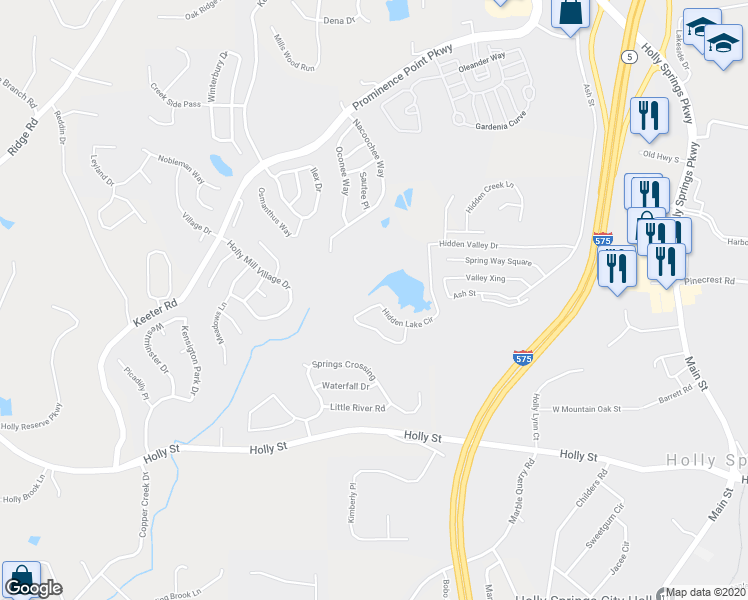 map of restaurants, bars, coffee shops, grocery stores, and more near 128 Hidden Lake Circle in Canton