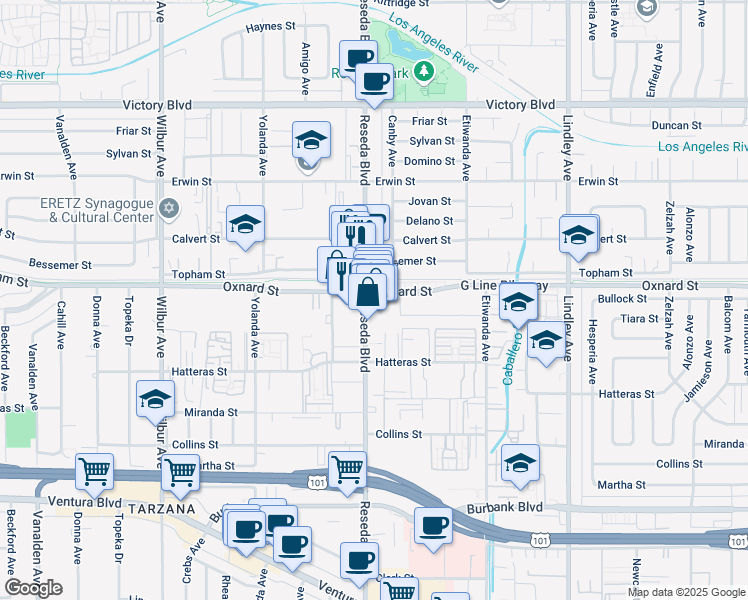map of restaurants, bars, coffee shops, grocery stores, and more near 6002-6022 Reseda Boulevard in Los Angeles