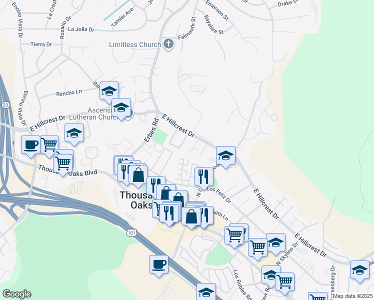 map of restaurants, bars, coffee shops, grocery stores, and more near 2 East Thousand Oaks Boulevard in Thousand Oaks