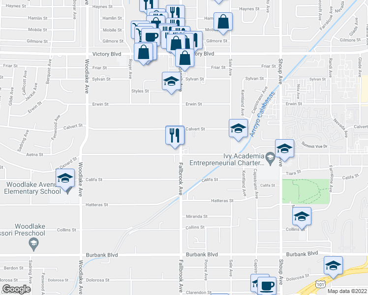 map of restaurants, bars, coffee shops, grocery stores, and more near 6016 Fallbrook Avenue in Los Angeles