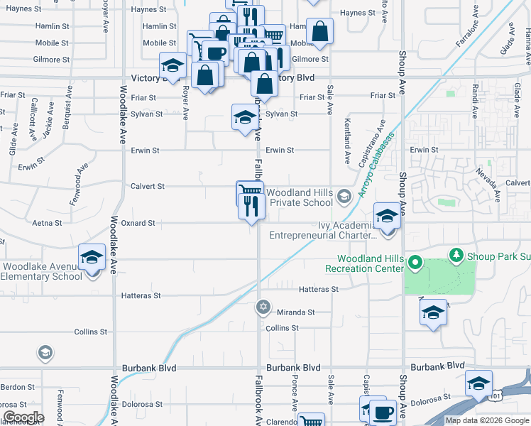 map of restaurants, bars, coffee shops, grocery stores, and more near 6016 Fallbrook Avenue in Los Angeles