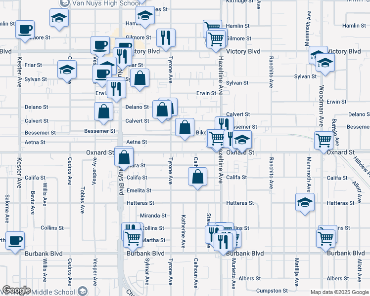 map of restaurants, bars, coffee shops, grocery stores, and more near 14222 Oxnard Street in Los Angeles