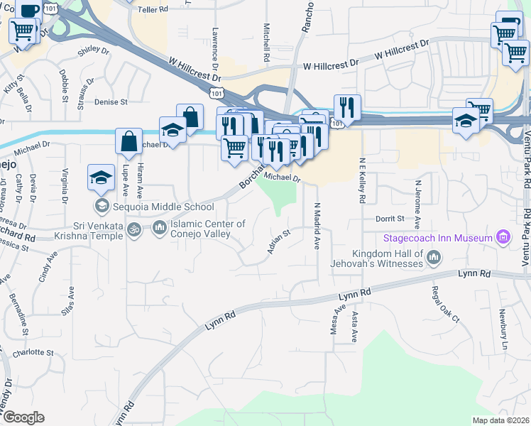map of restaurants, bars, coffee shops, grocery stores, and more near 76 Ilex Drive in Thousand Oaks