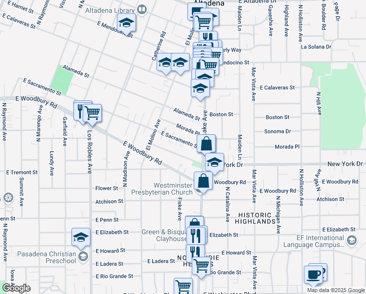 map of restaurants, bars, coffee shops, grocery stores, and more near 804 New York Drive in Altadena