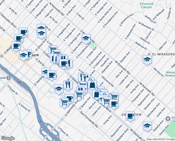 map of restaurants, bars, coffee shops, grocery stores, and more near 816 South Fifth Street in Burbank