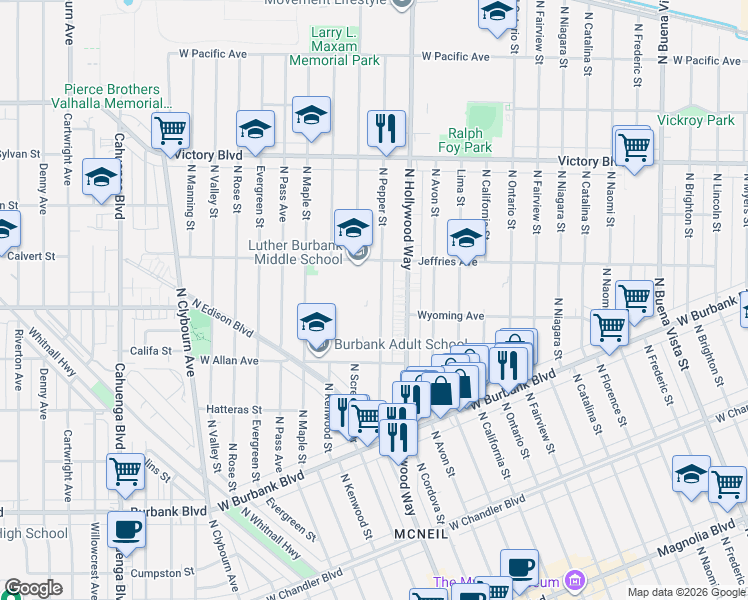 map of restaurants, bars, coffee shops, grocery stores, and more near 1640 North Pepper Street in Burbank