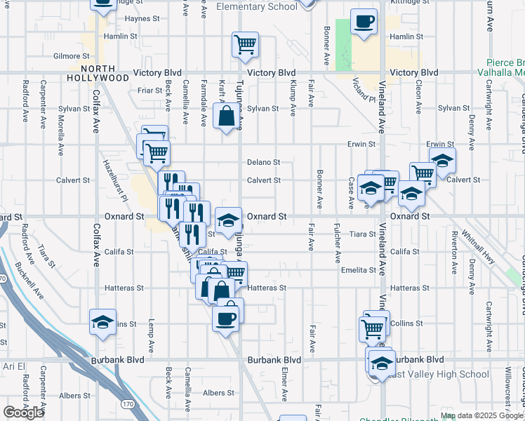map of restaurants, bars, coffee shops, grocery stores, and more near 11304 Oxnard Street in Los Angeles
