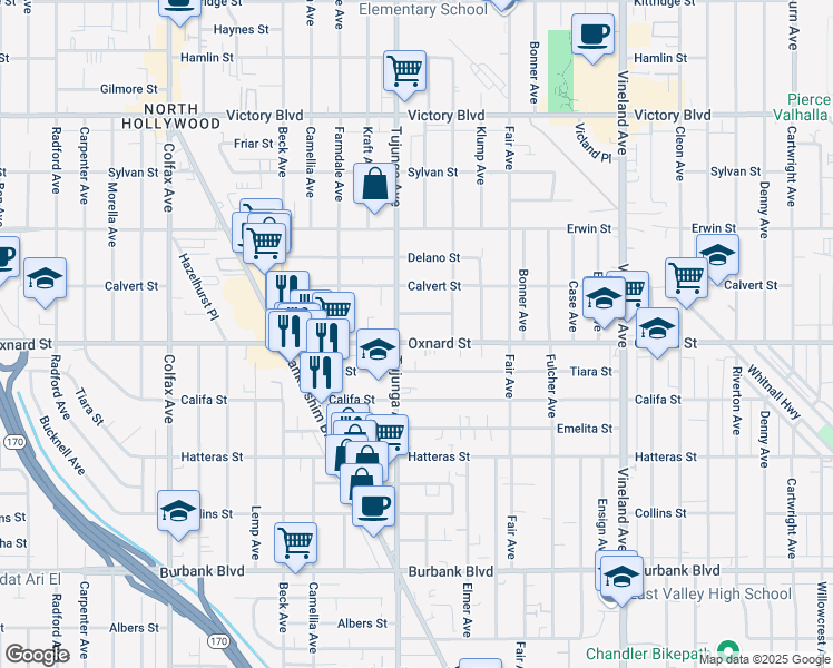 map of restaurants, bars, coffee shops, grocery stores, and more near 11339 Oxnard St in North Hollywood