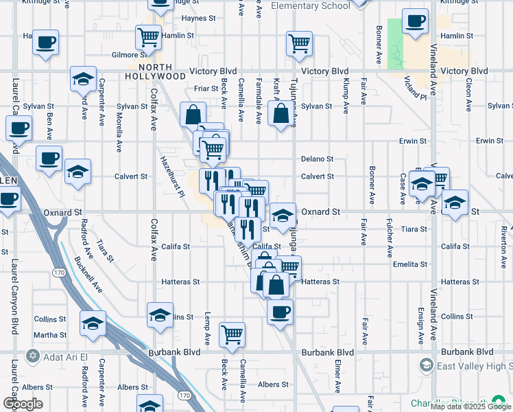 map of restaurants, bars, coffee shops, grocery stores, and more near 11470 Oxnard Street in Los Angeles