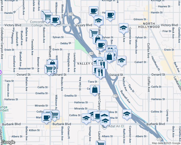 map of restaurants, bars, coffee shops, grocery stores, and more near 12142 Oxnard Street in Los Angeles