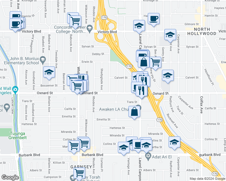 map of restaurants, bars, coffee shops, grocery stores, and more near 12302 Oxnard Street in Los Angeles
