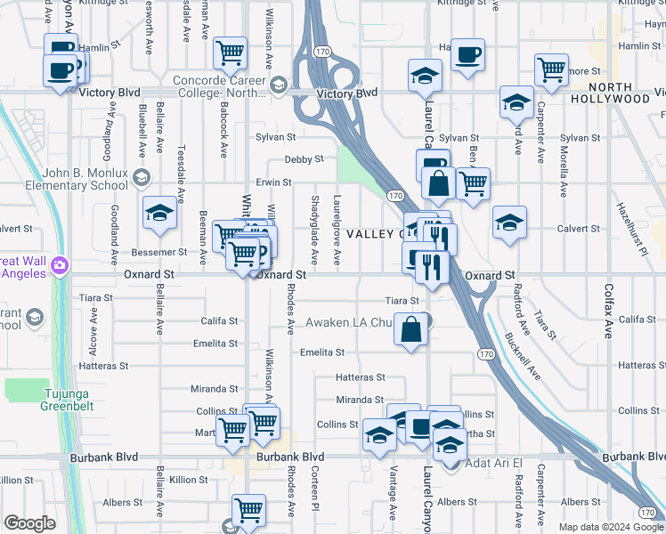 map of restaurants, bars, coffee shops, grocery stores, and more near 12302 Oxnard Street in Los Angeles