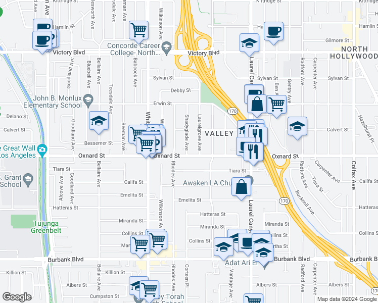 map of restaurants, bars, coffee shops, grocery stores, and more near 12348 Oxnard Street in Los Angeles