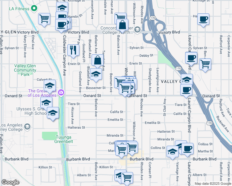 map of restaurants, bars, coffee shops, grocery stores, and more near 5944 Beeman Avenue in Los Angeles