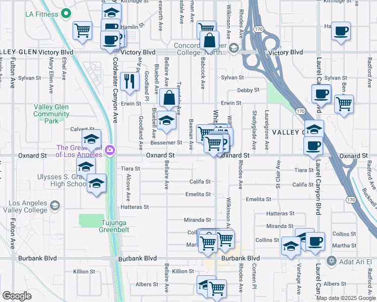 map of restaurants, bars, coffee shops, grocery stores, and more near 5944 Beeman Avenue in Los Angeles