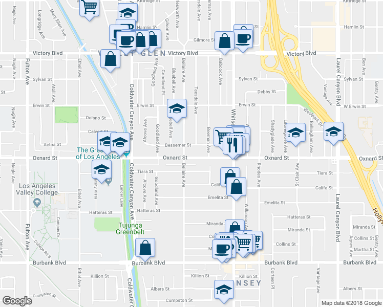 map of restaurants, bars, coffee shops, grocery stores, and more near 12640 Oxnard Street in Los Angeles