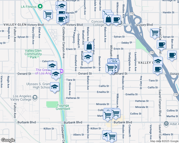 map of restaurants, bars, coffee shops, grocery stores, and more near 12640 Oxnard Street in Los Angeles