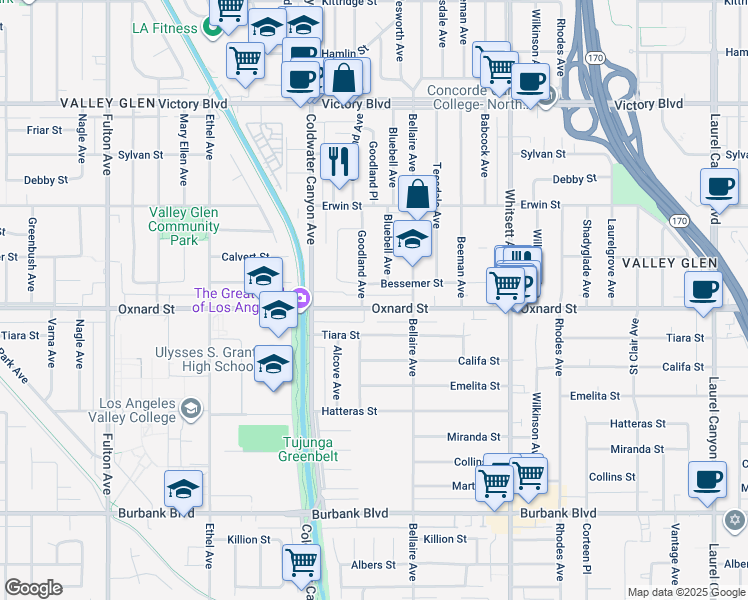map of restaurants, bars, coffee shops, grocery stores, and more near 12758 Oxnard Street in Los Angeles