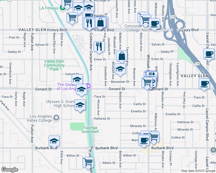 map of restaurants, bars, coffee shops, grocery stores, and more near 12758 Oxnard Street in Los Angeles