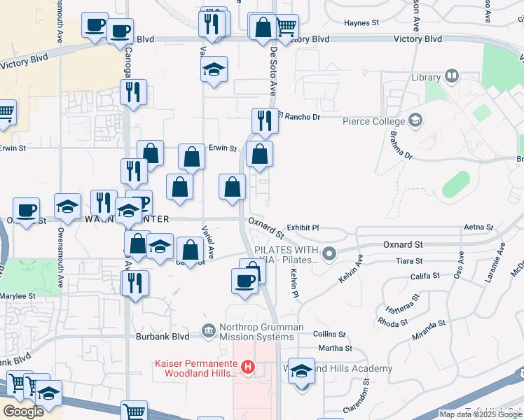 map of restaurants, bars, coffee shops, grocery stores, and more near 6000 De Soto Avenue in Los Angeles