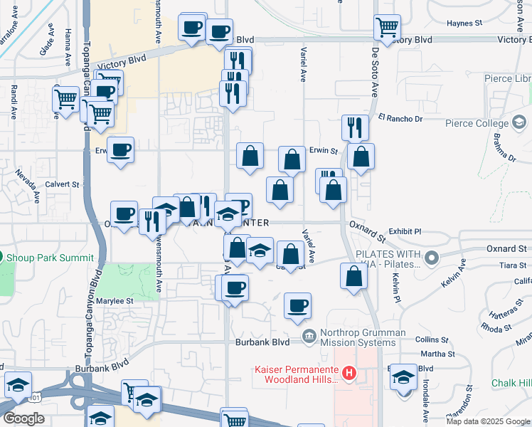 map of restaurants, bars, coffee shops, grocery stores, and more near 21200 West Oxnard Street in Los Angeles