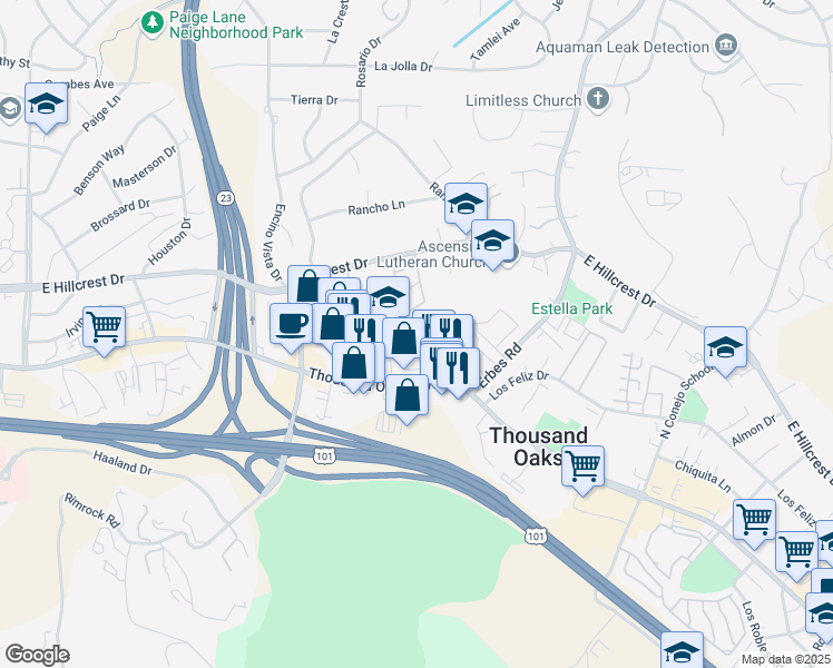 map of restaurants, bars, coffee shops, grocery stores, and more near 81 Maegan Place in Thousand Oaks