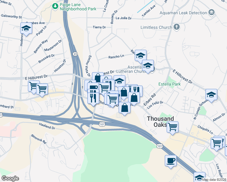 map of restaurants, bars, coffee shops, grocery stores, and more near 1423 Thousand Oaks Boulevard in Thousand Oaks