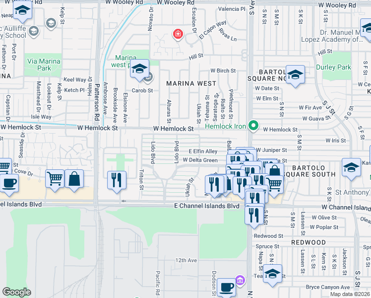 map of restaurants, bars, coffee shops, grocery stores, and more near 137 West Delta Green in Port Hueneme