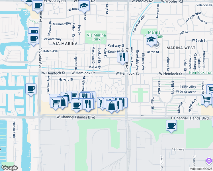 map of restaurants, bars, coffee shops, grocery stores, and more near 460 Las Palomas Drive in Port Hueneme