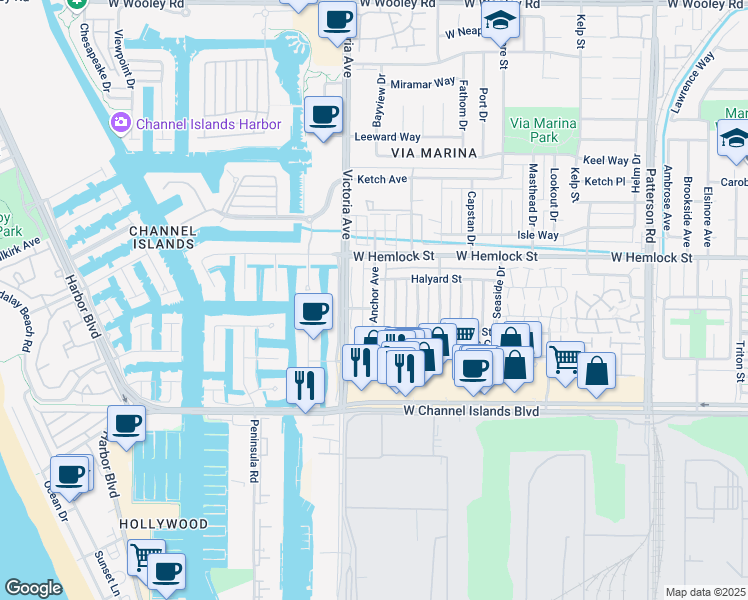 map of restaurants, bars, coffee shops, grocery stores, and more near 2564 Anchor Avenue in Port Hueneme