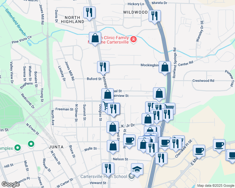 map of restaurants, bars, coffee shops, grocery stores, and more near 20 Moore Street in Cartersville