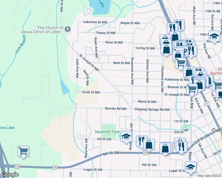 map of restaurants, bars, coffee shops, grocery stores, and more near 1543 Scott St NW in Cullman