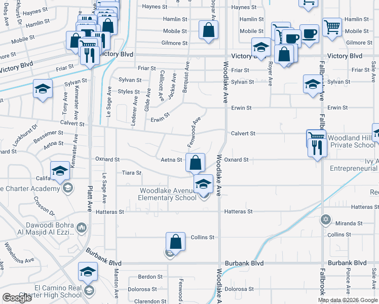 map of restaurants, bars, coffee shops, grocery stores, and more near 6018 Fenwood Avenue in Los Angeles