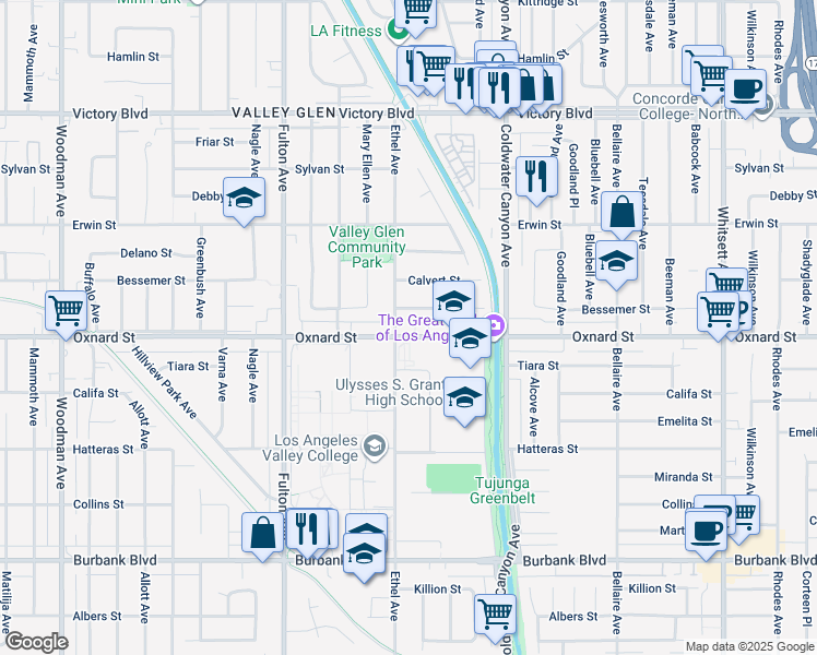 map of restaurants, bars, coffee shops, grocery stores, and more near 13049 Oxnard Street in Los Angeles