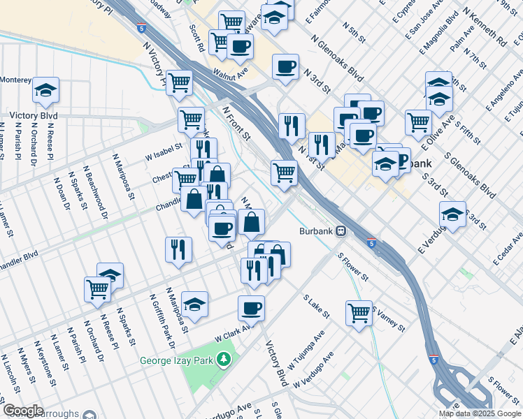 map of restaurants, bars, coffee shops, grocery stores, and more near 410 North Moss Street in Burbank