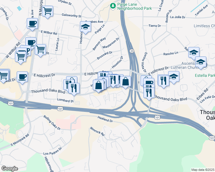 map of restaurants, bars, coffee shops, grocery stores, and more near 720 Thousand Oaks Boulevard in Thousand Oaks