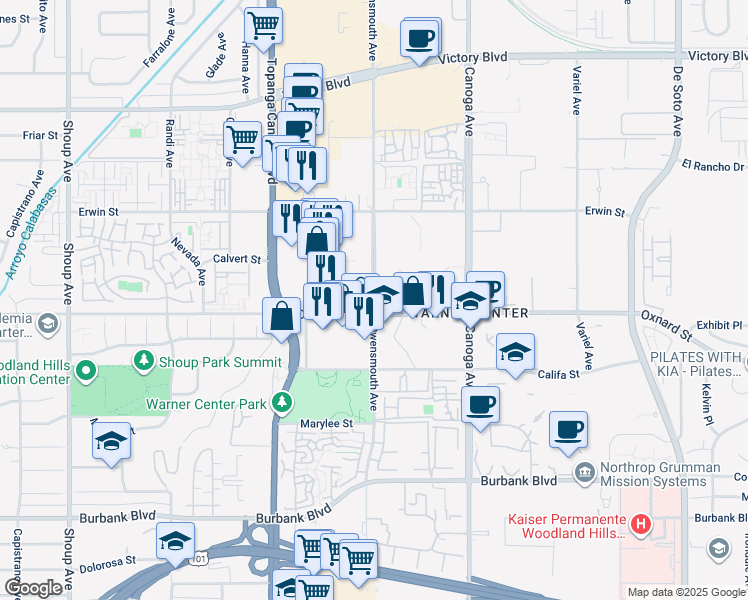 map of restaurants, bars, coffee shops, grocery stores, and more near 5550 Owensmouth Avenue in Los Angeles