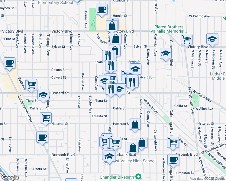 map of restaurants, bars, coffee shops, grocery stores, and more near 5945 Craner Avenue in Los Angeles