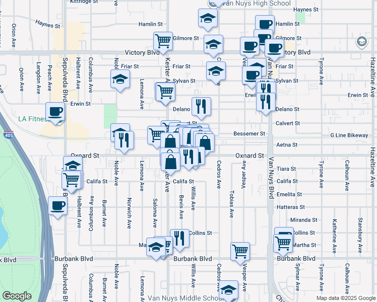 map of restaurants, bars, coffee shops, grocery stores, and more near 14752 Oxnard Street in Van Nuys