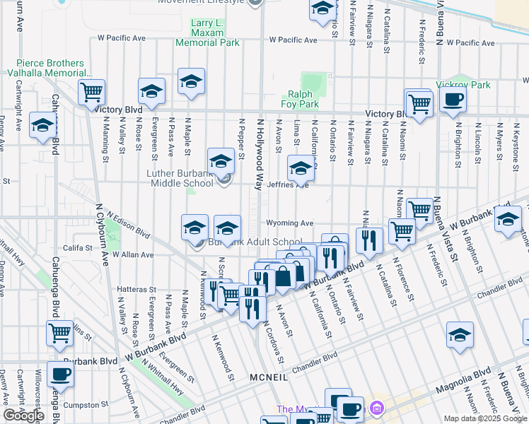 map of restaurants, bars, coffee shops, grocery stores, and more near 1712 North Hollywood Way in Burbank