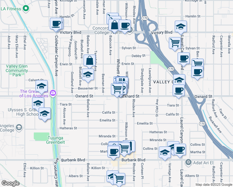 map of restaurants, bars, coffee shops, grocery stores, and more near 12505 Oxnard Street in Los Angeles