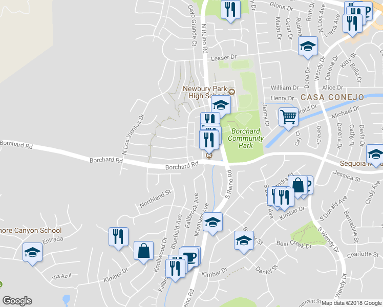 map of restaurants, bars, coffee shops, grocery stores, and more near 3747 Oak Glen Drive in Thousand Oaks