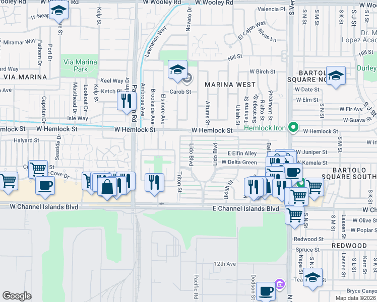 map of restaurants, bars, coffee shops, grocery stores, and more near in Port Hueneme