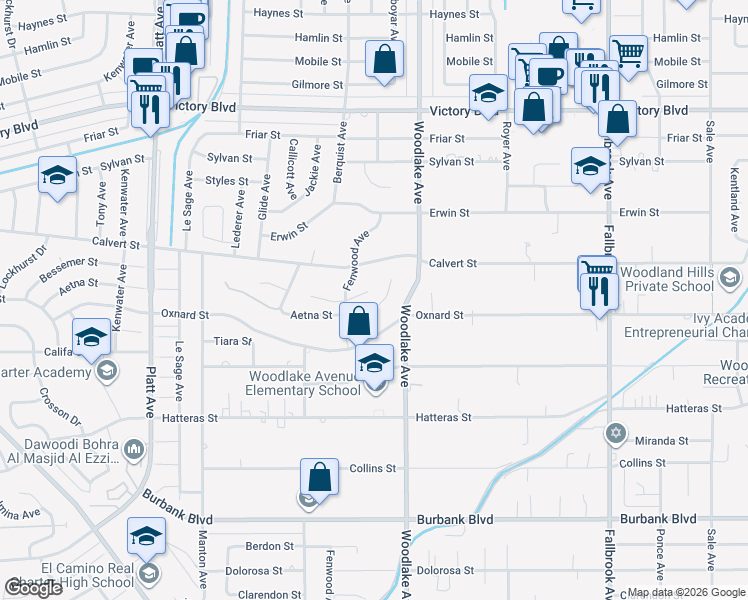 map of restaurants, bars, coffee shops, grocery stores, and more near 23241 Aetna Street in Los Angeles
