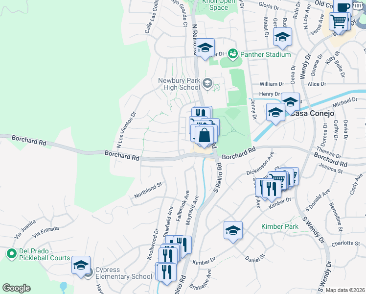 map of restaurants, bars, coffee shops, grocery stores, and more near 3747 Oak Glen Drive in Thousand Oaks