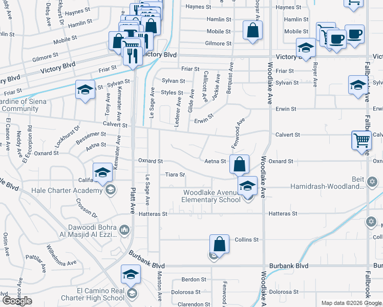 map of restaurants, bars, coffee shops, grocery stores, and more near 23451 Aetna Street in Los Angeles