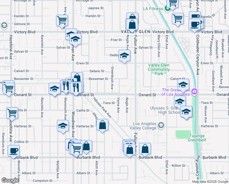 map of restaurants, bars, coffee shops, grocery stores, and more near 6002 Greenbush Avenue in Los Angeles
