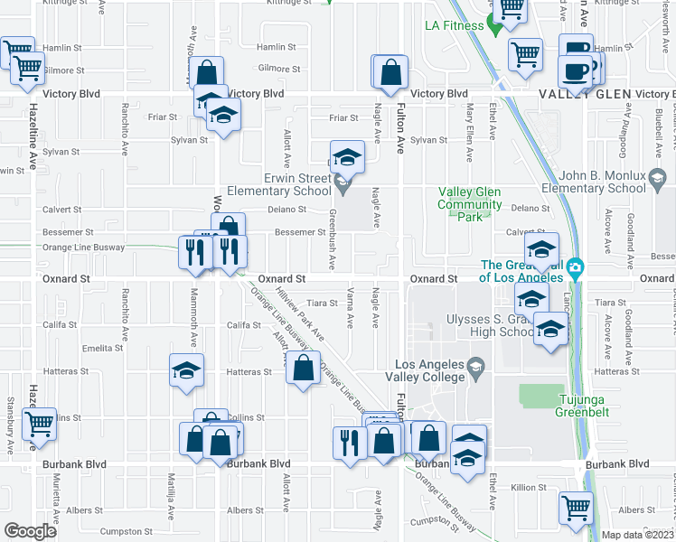 map of restaurants, bars, coffee shops, grocery stores, and more near 6002 Greenbush Avenue in Los Angeles