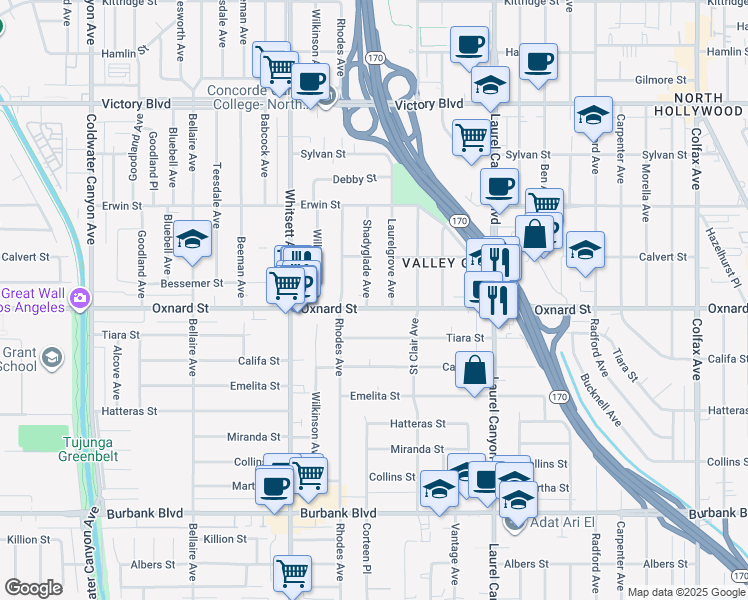 map of restaurants, bars, coffee shops, grocery stores, and more near 12325 Oxnard Street in Los Angeles